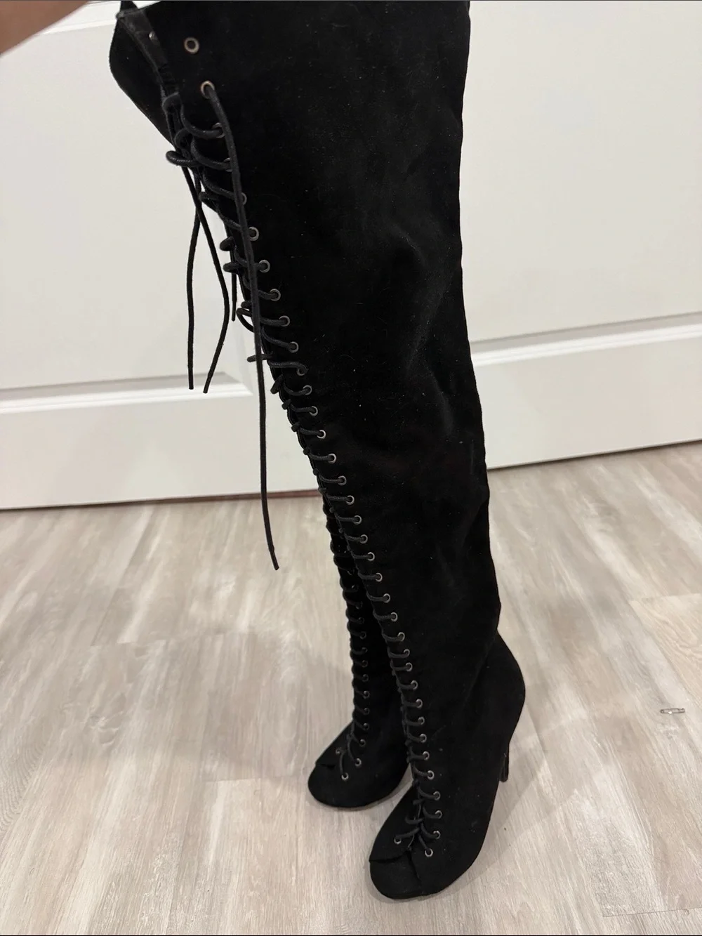 Black Over-the-Knee Lace-Up Heeled Boots - Women's